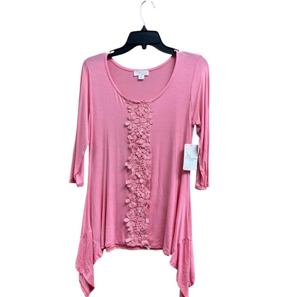 Pink Asymmetrical Hem 3/4 Sleeve Ruffle Knit Top Womens Small